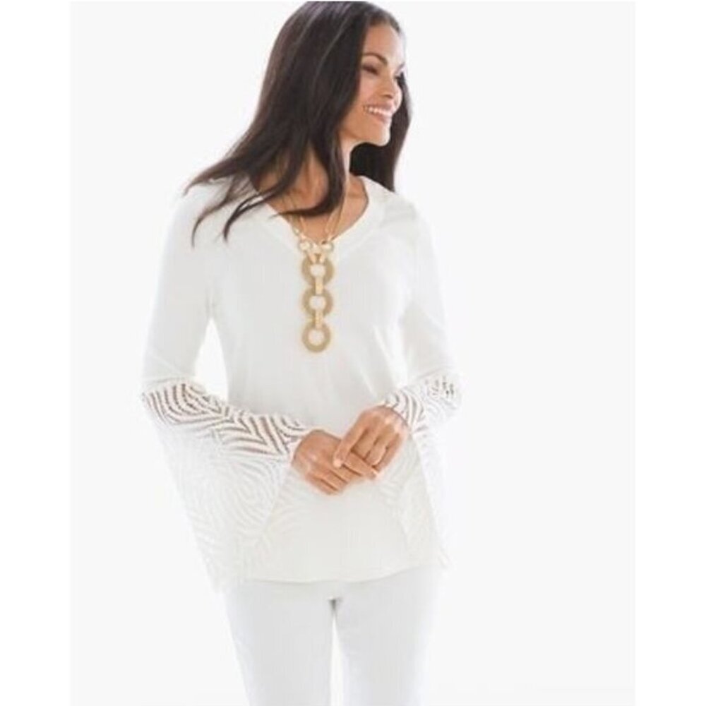 Chico’s Plus Size Ivory Knit Lace V Neck Trumpet Bell Sleeved Sweater Blouse